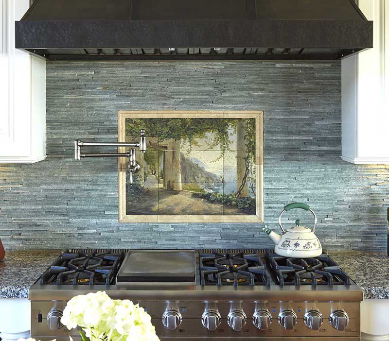 blue stacked stone backsplash