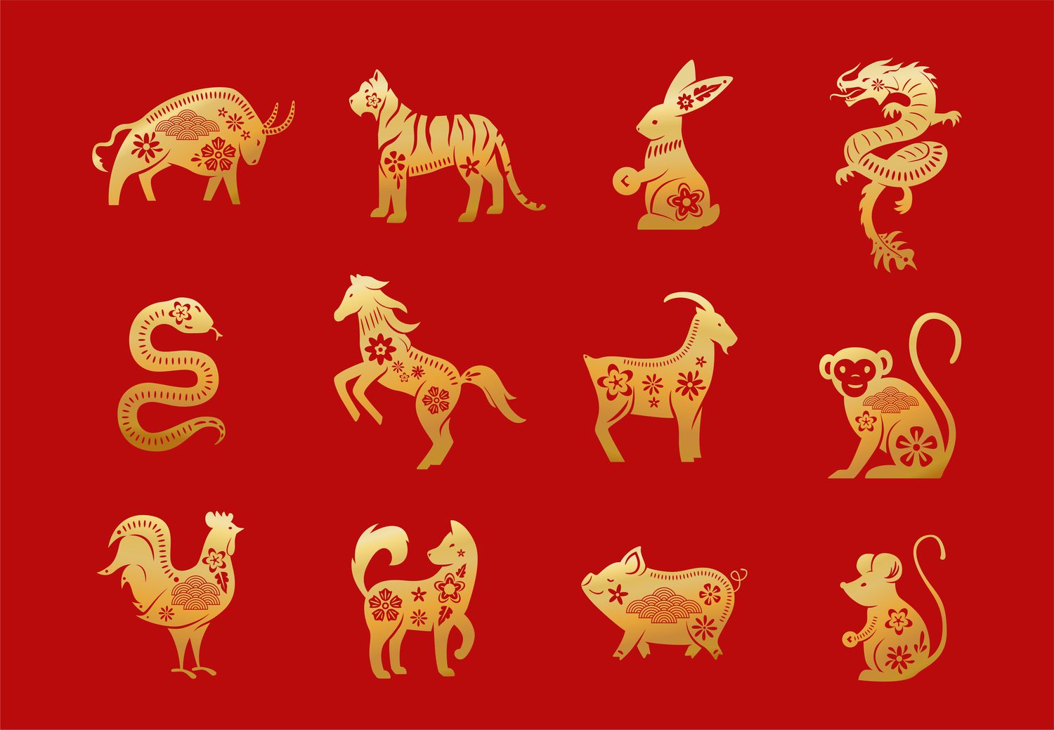 Animales del zodiaco chino. Doce caracteres de oro del año nuevo asiático conjunto aislado sobre fondo rojo. Ilustración vectorial de astrología calendario horóscopo símbolos