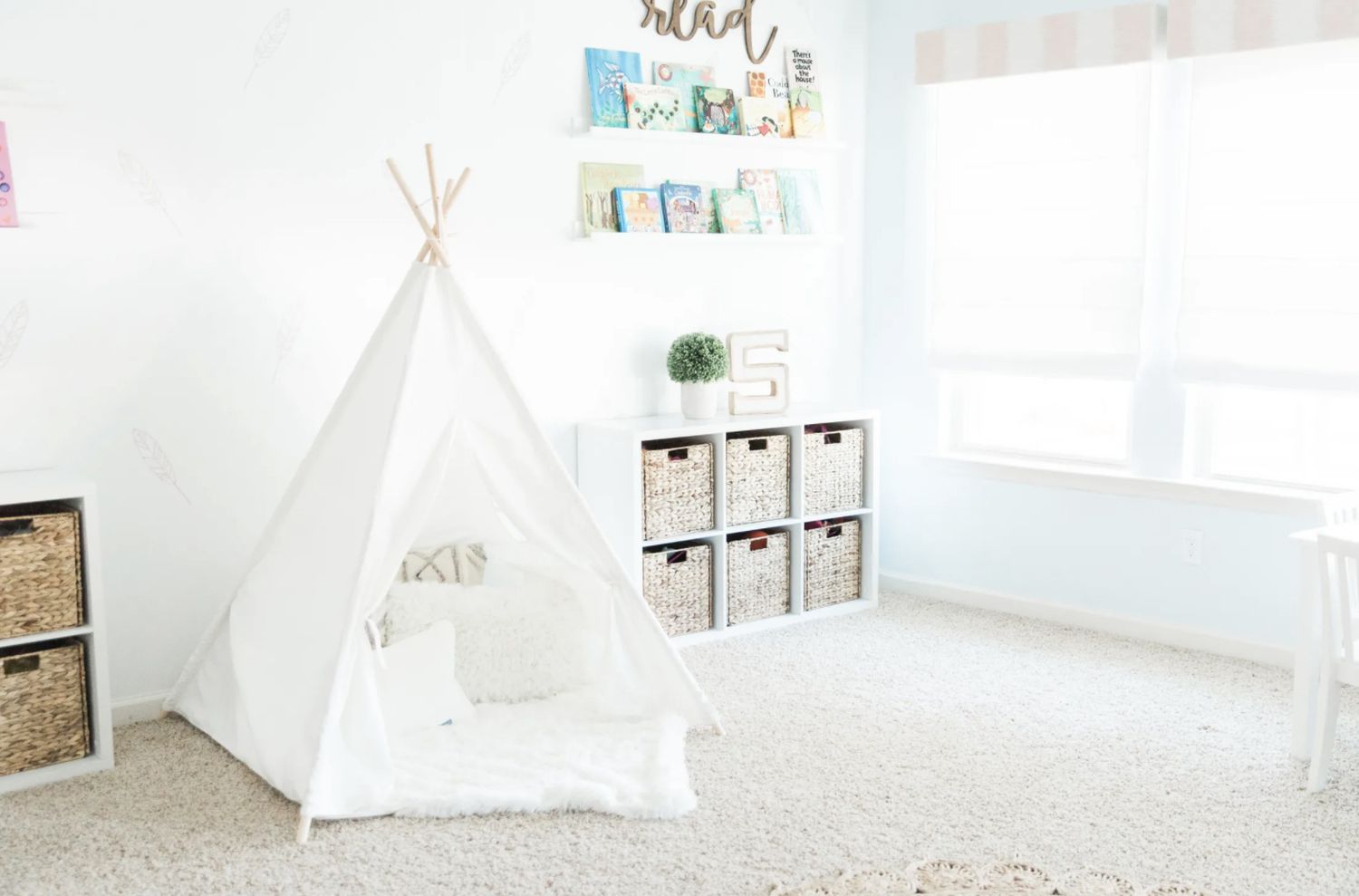playroom with wicker baskets in cubbies for storage