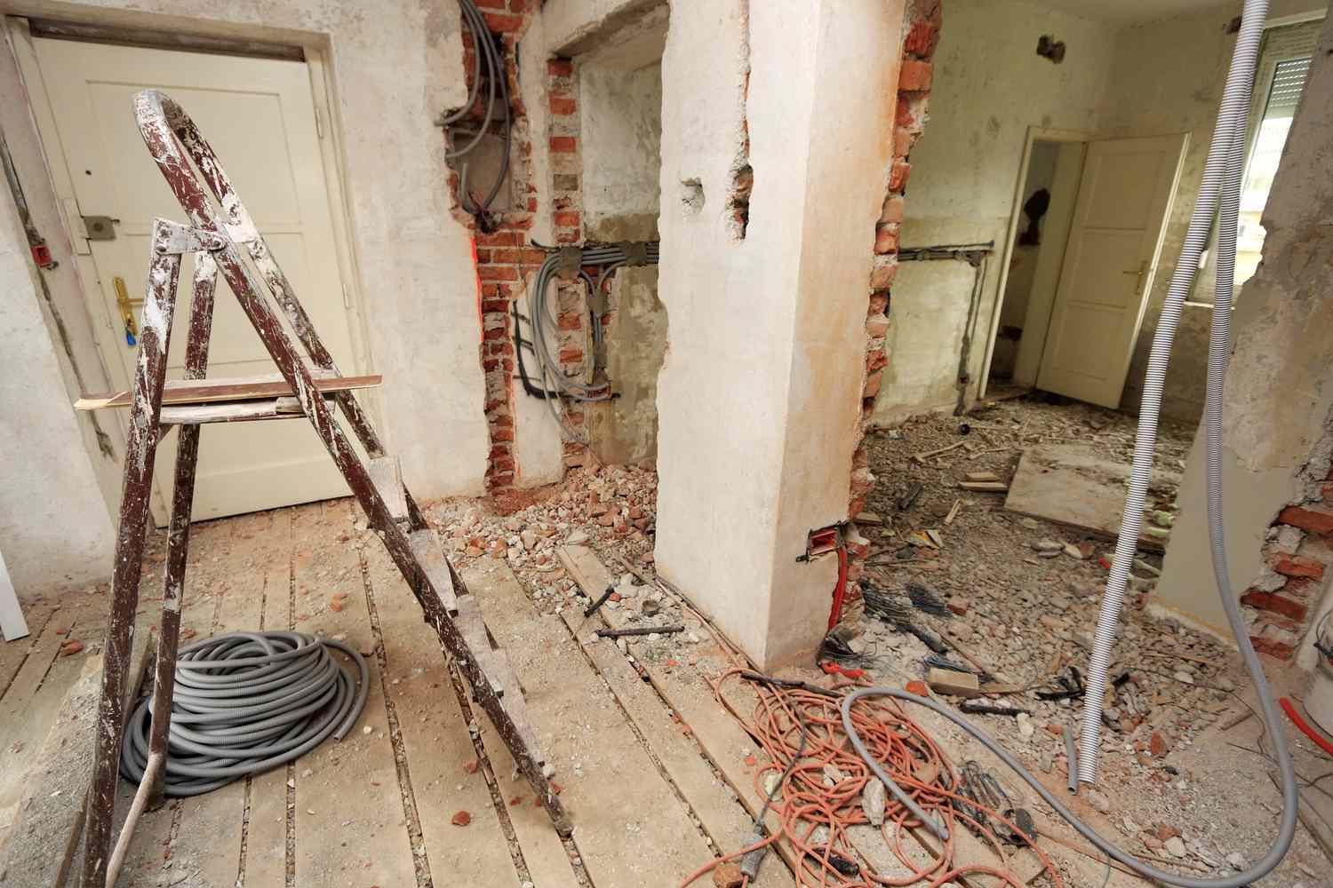 Inside a construction site with debris