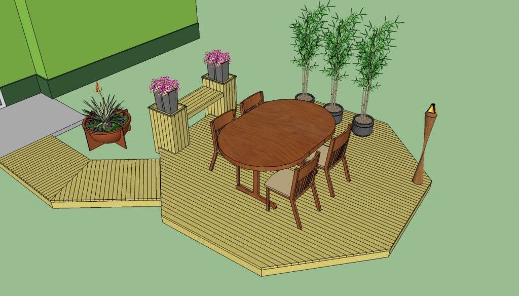 Eine Zeichnung eines schwimmenden Decks mit einem Tisch und Pflanzen