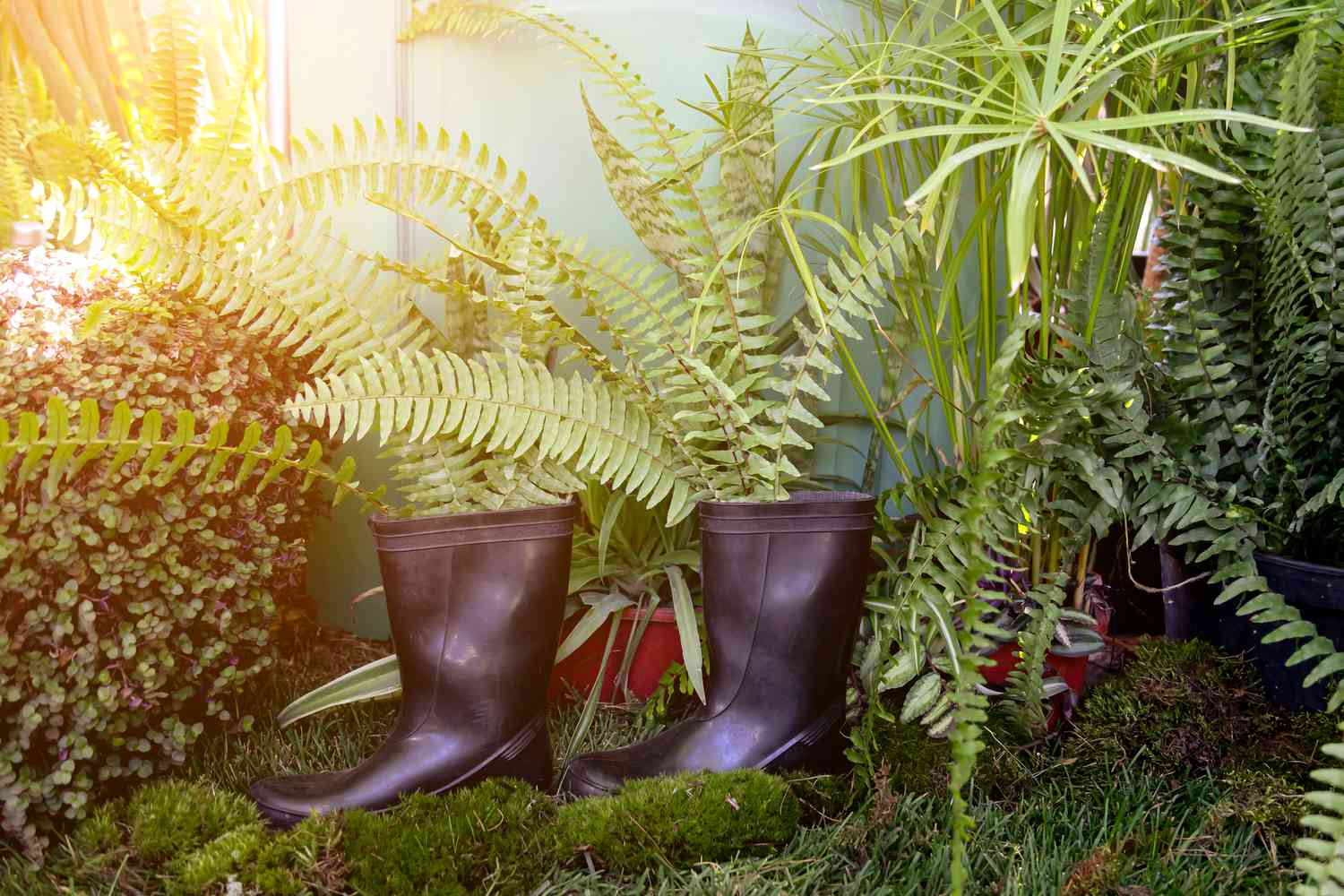 Botas de goma plantadas con helechos en un invernadero sobre un lecho de musgo