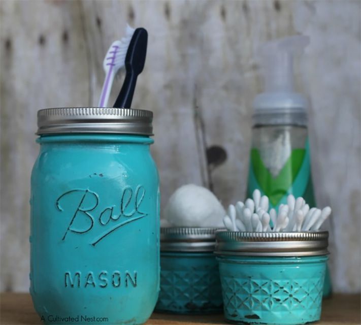Bathroom mason jars painted blue