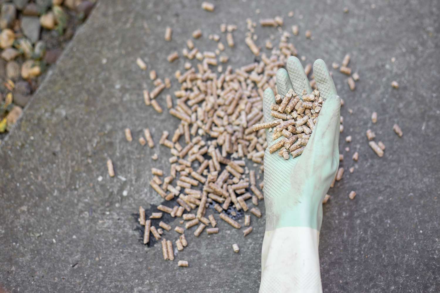 Gránulos absorbentes reaplicados sobre la mancha de aceite en el hormigón con guantes