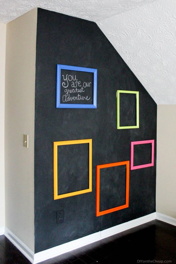 A chalkboard wall with colorful picture frames