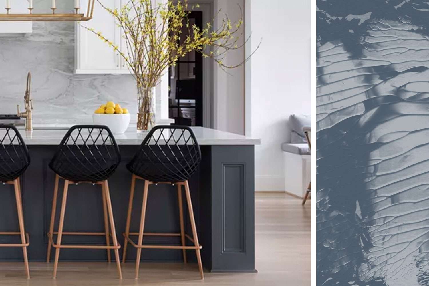 Farrow & Ball Stiffkey Blue inspiration cuisine et échantillon de peinture