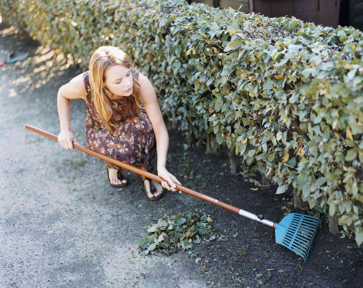 Mujer limpiando escombros en un lugar estrecho con un rastrillo de arbustos.