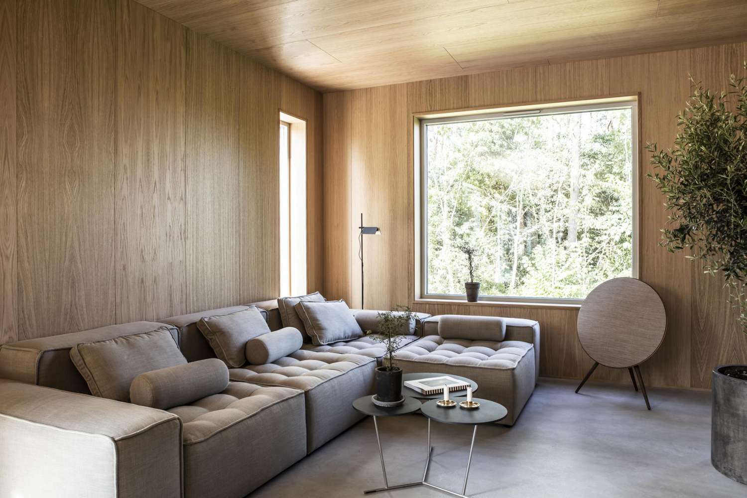 modernes Wohnzimmer mit Holzverkleidung 