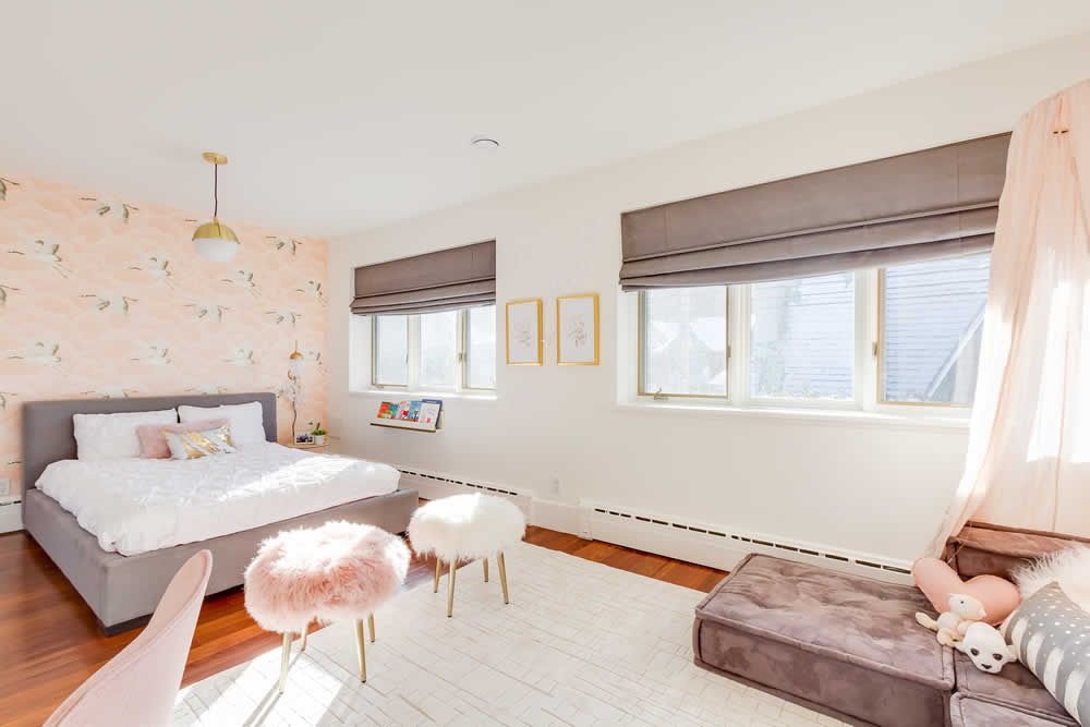 Pink and gray teen girl bedroom