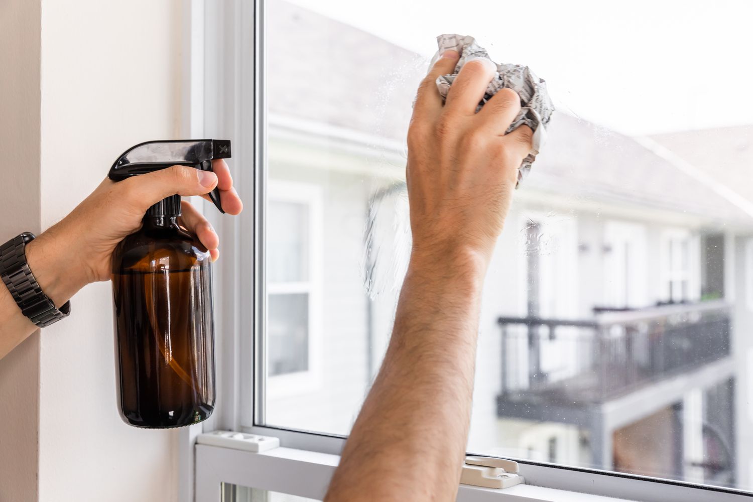 Uso de spray limpiador casero en ventanas