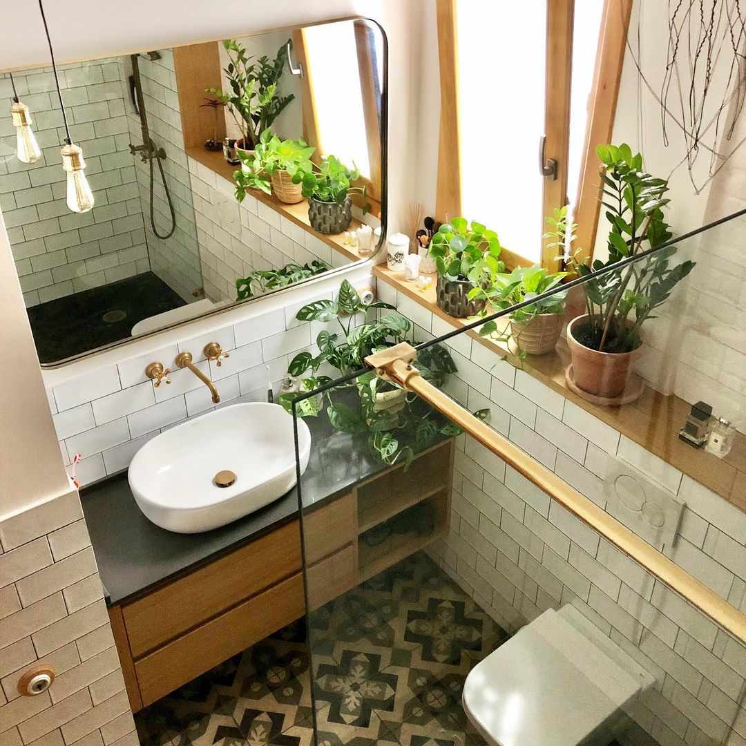 Mehrere Zimmerpflanzen in einem Badezimmer