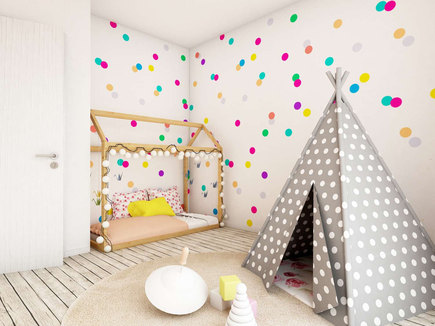 Papel de parede brilhante de bolinhas em um quarto de criança.