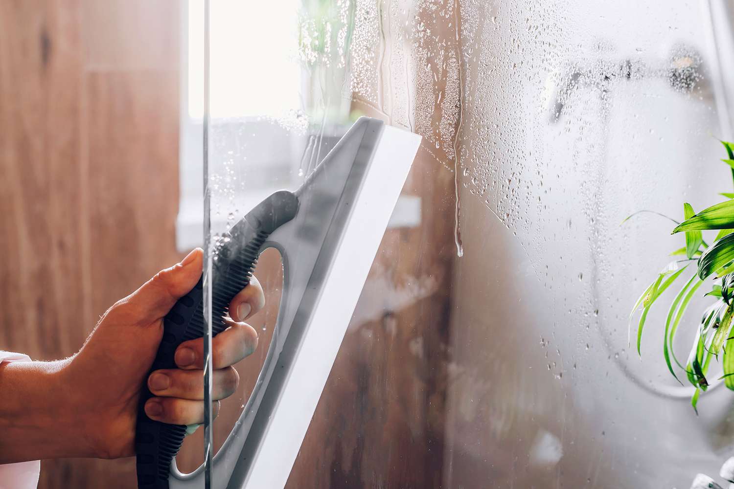 Rodo passando sobre a porta de vidro do chuveiro para remover gotas de água