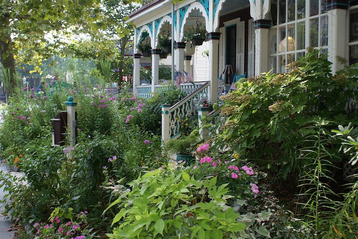 Casa victoriana con exuberante jardín delantero que incluye hortensias de hoja de roble y rosas rosas