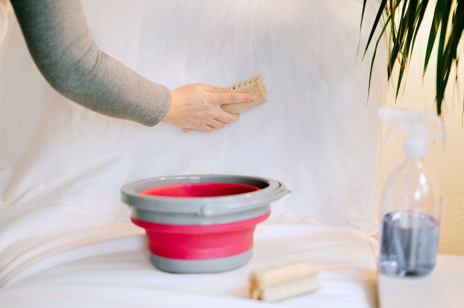 Brosse à récurer à poils souples nettoyant un tissu blanc avec de l'alcool à friction et de l'eau plate