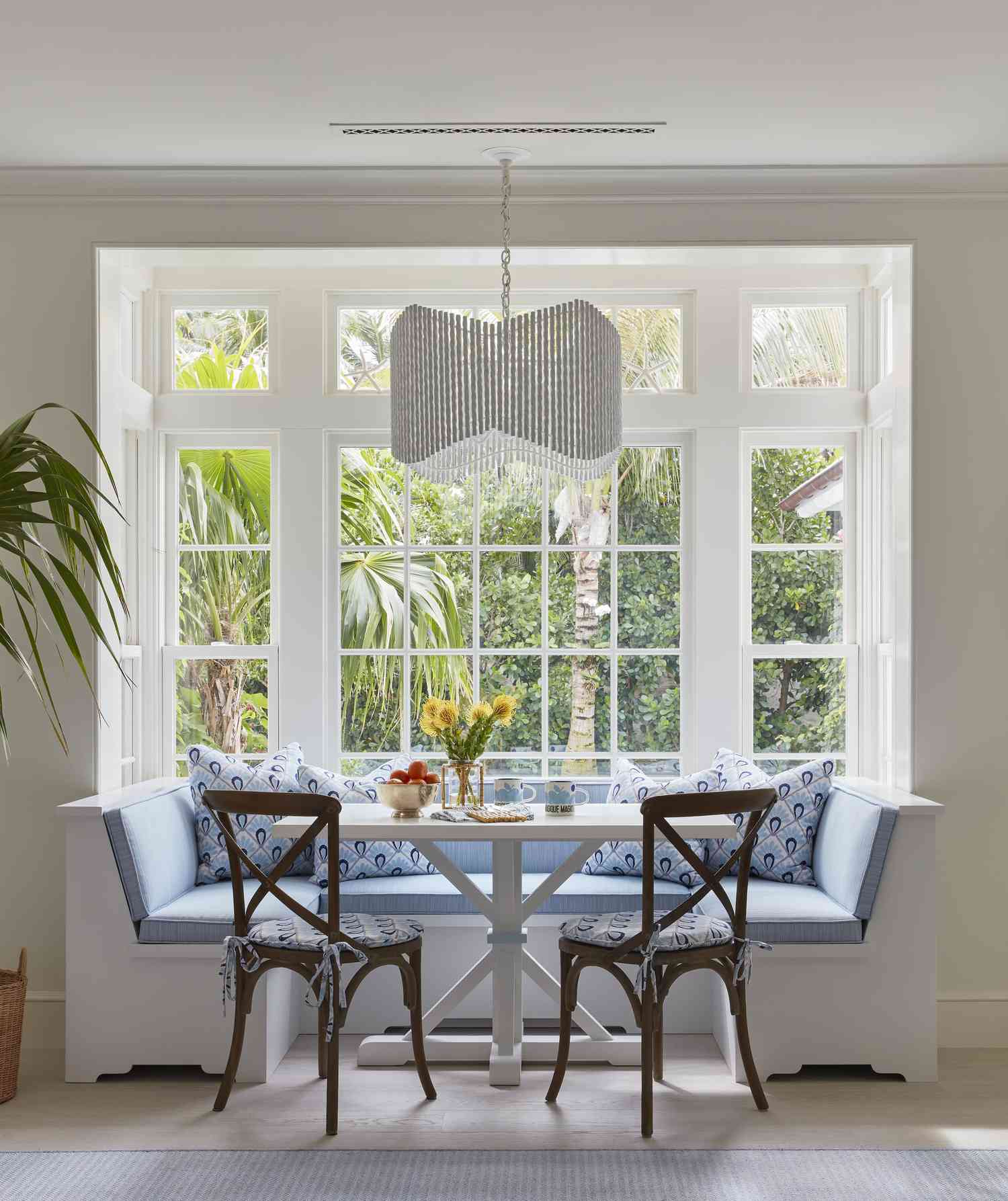 blue and white breakfast nook