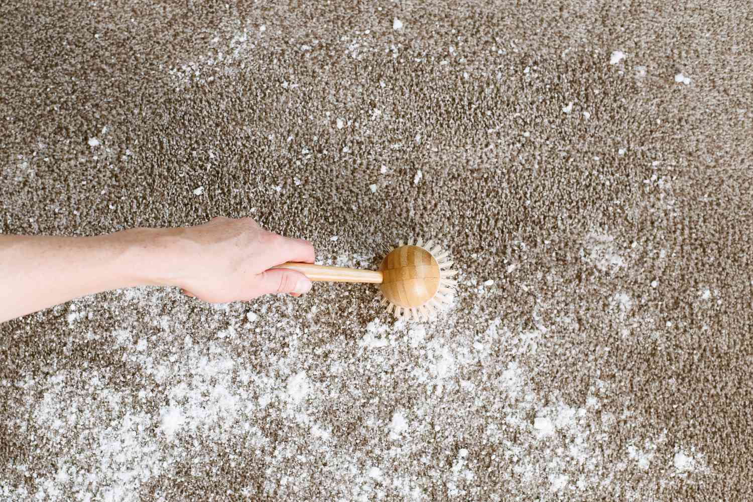 Bicarbonato de sódio e sal polvilhados no carpete bronzeado e escovados com uma escova de limpeza