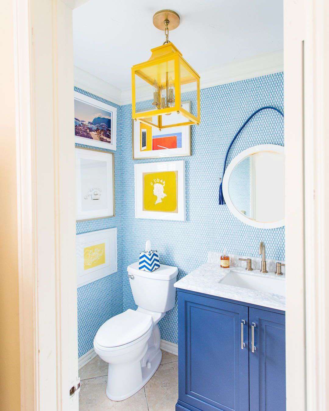Bright blue and yellow gallery bathroom