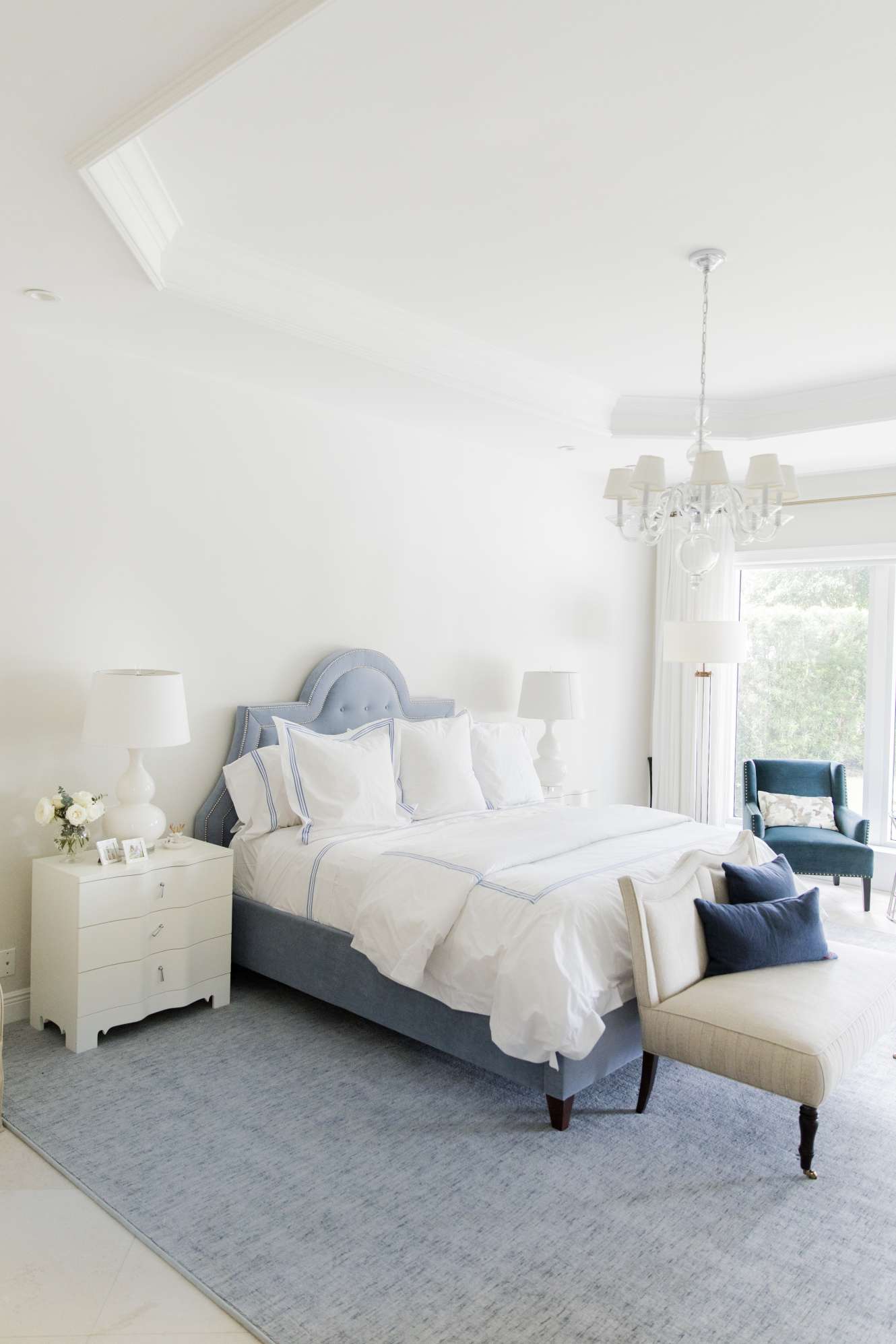 dusty blue and white bedroom