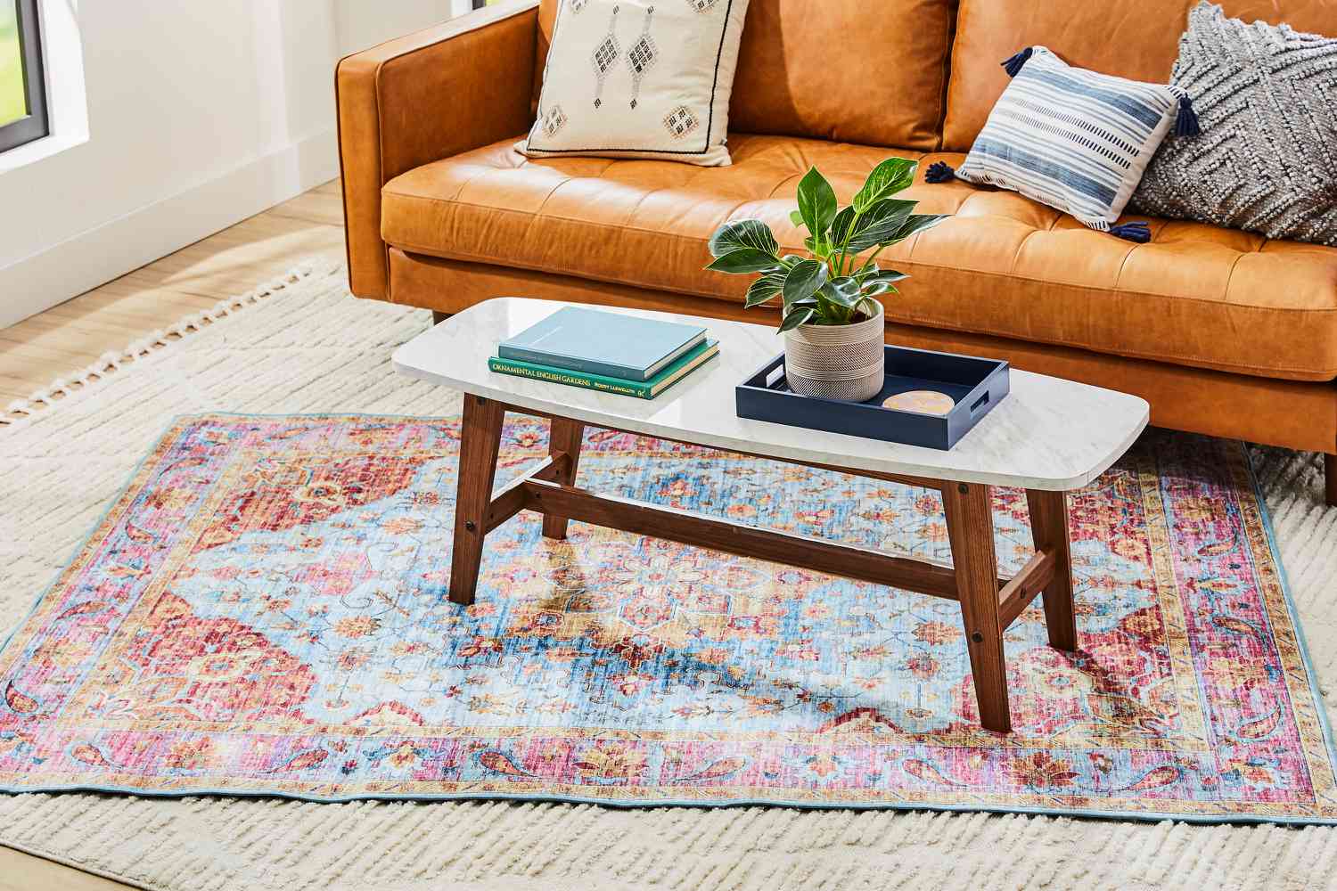 Tapis de couleur vive, canapé en cuir et plante sur la table