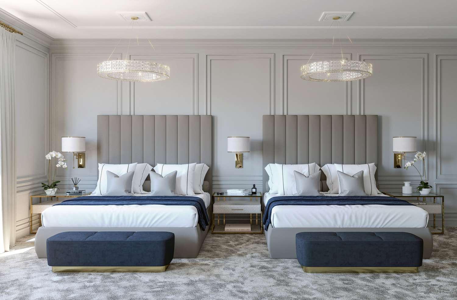 Schlafzimmer mit grauen Wänden und Kopfteilen mit weißen und marineblauen Akzenten