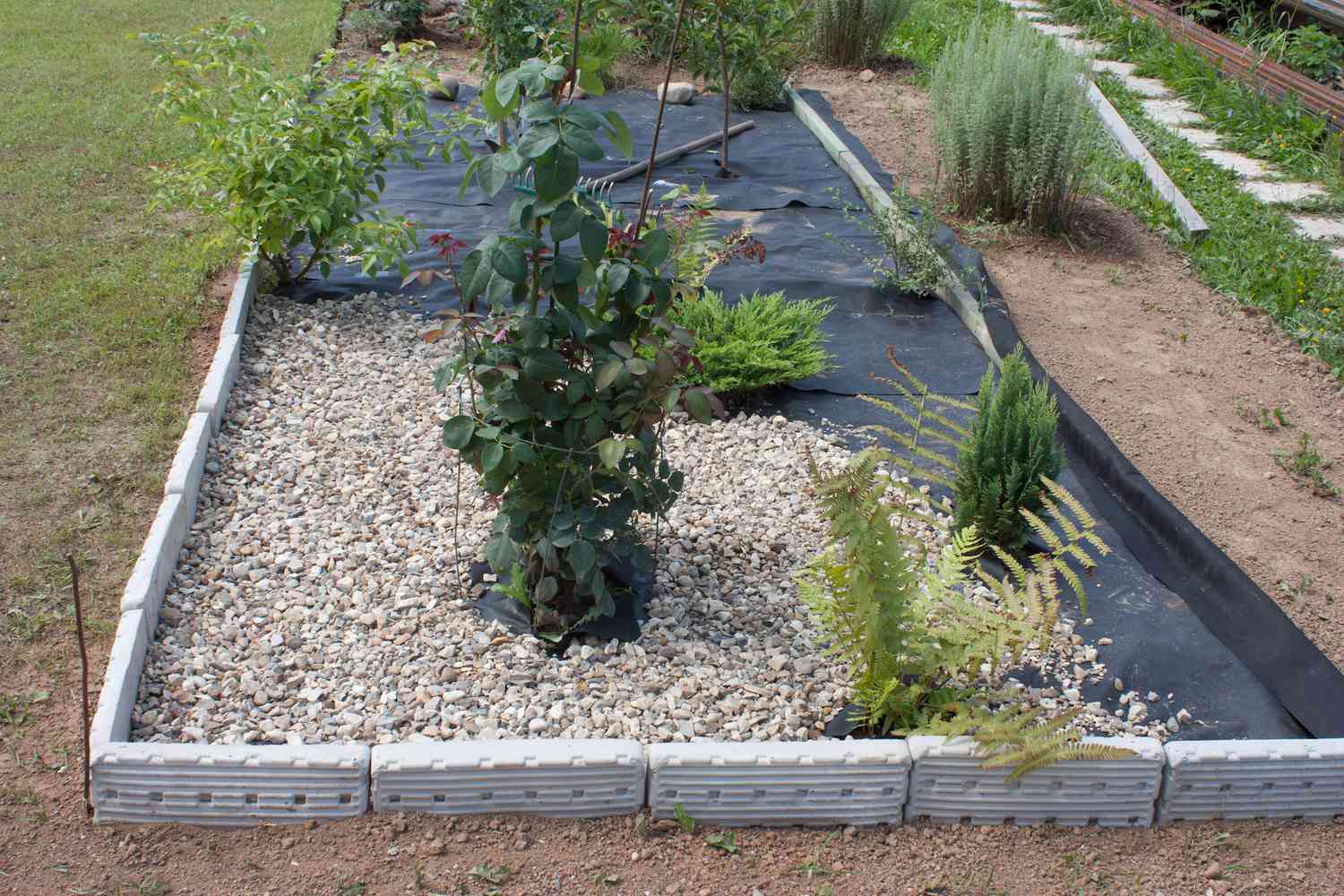 Gartenbeet mit Einfassung aus Pflastersteinen und Schotter über Landschaftsbaugewebe und Pflanzen