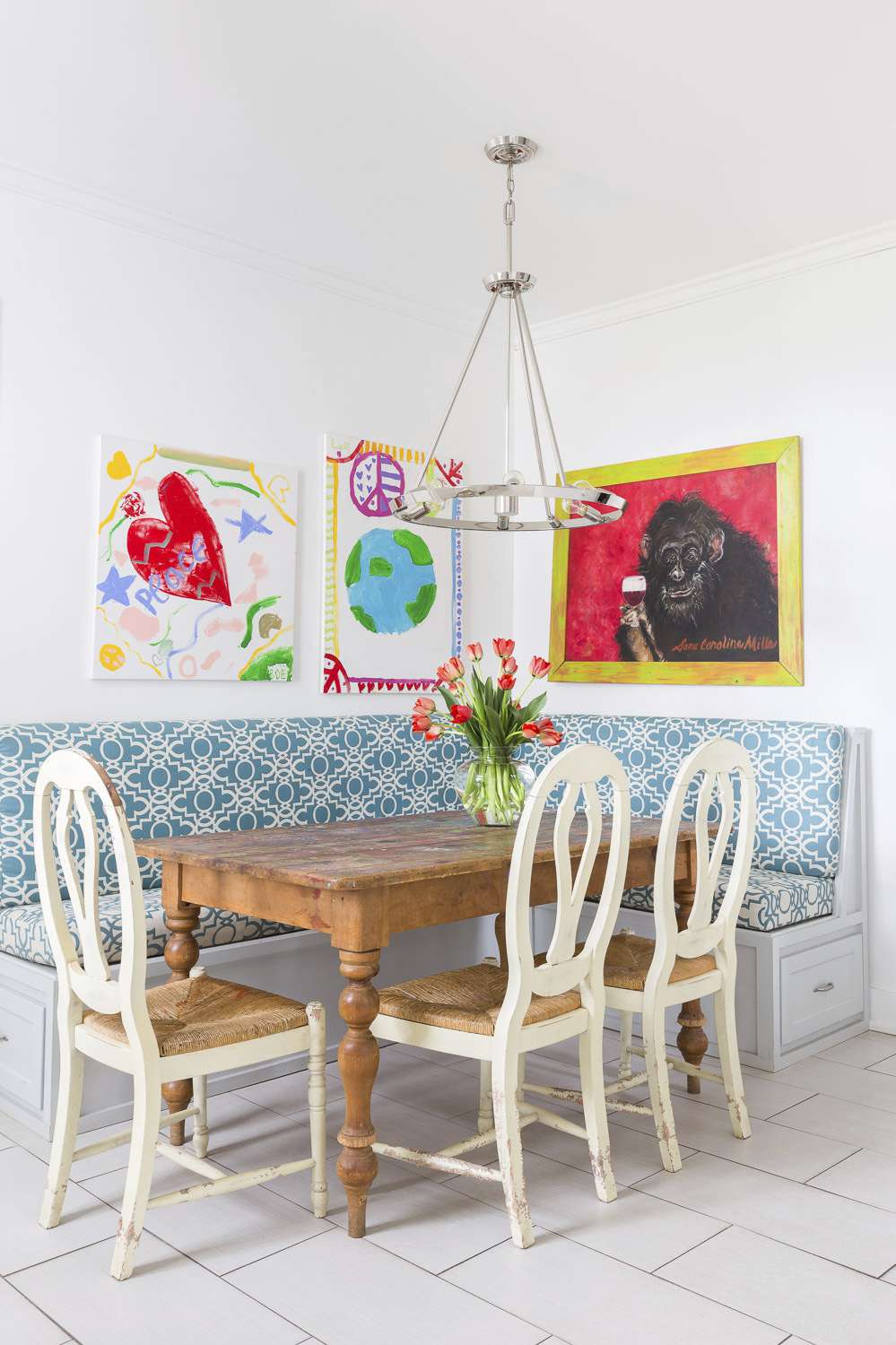 colorful breakfast nook with kid art