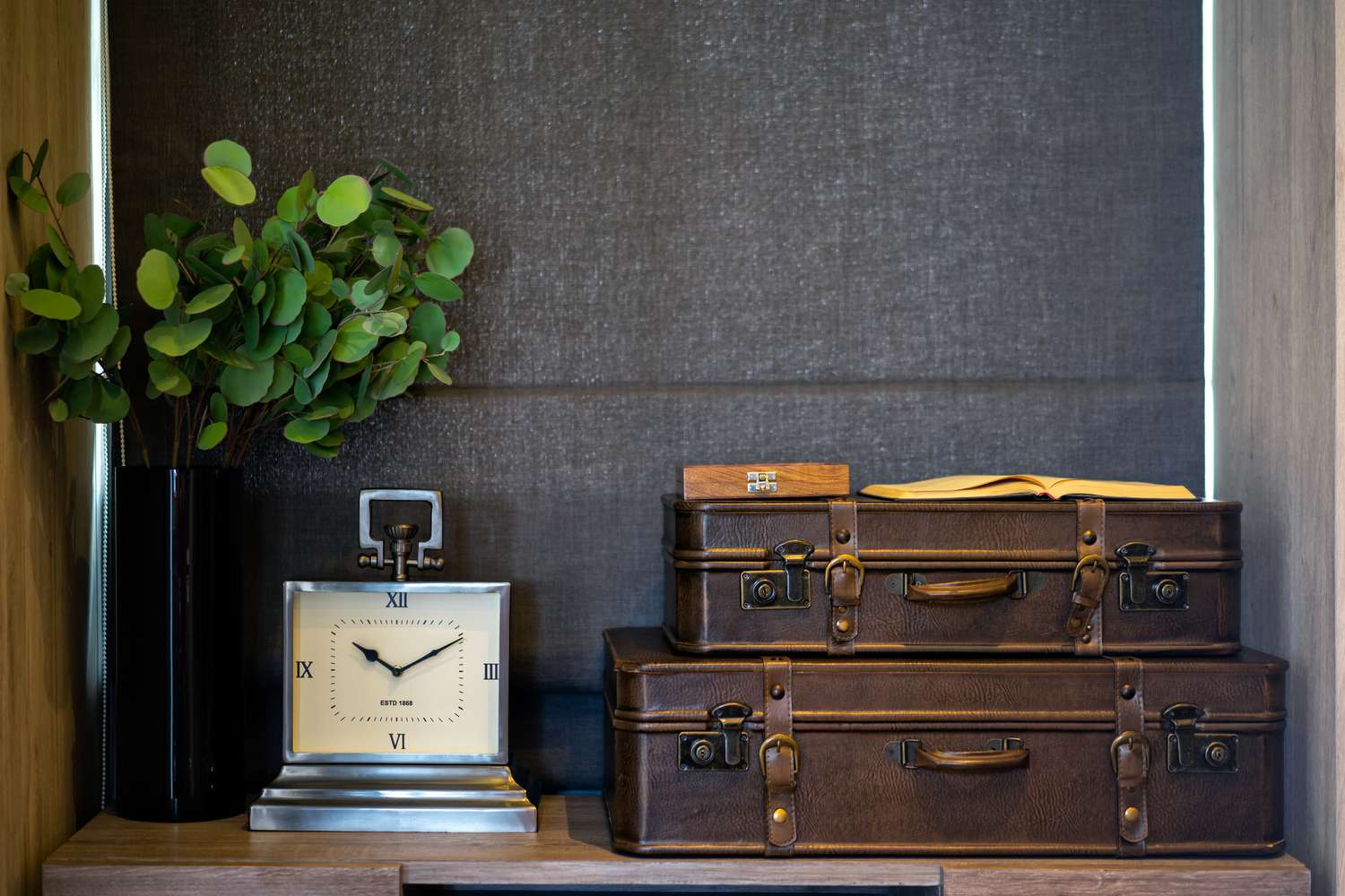 Vintage suitcases in bedroom