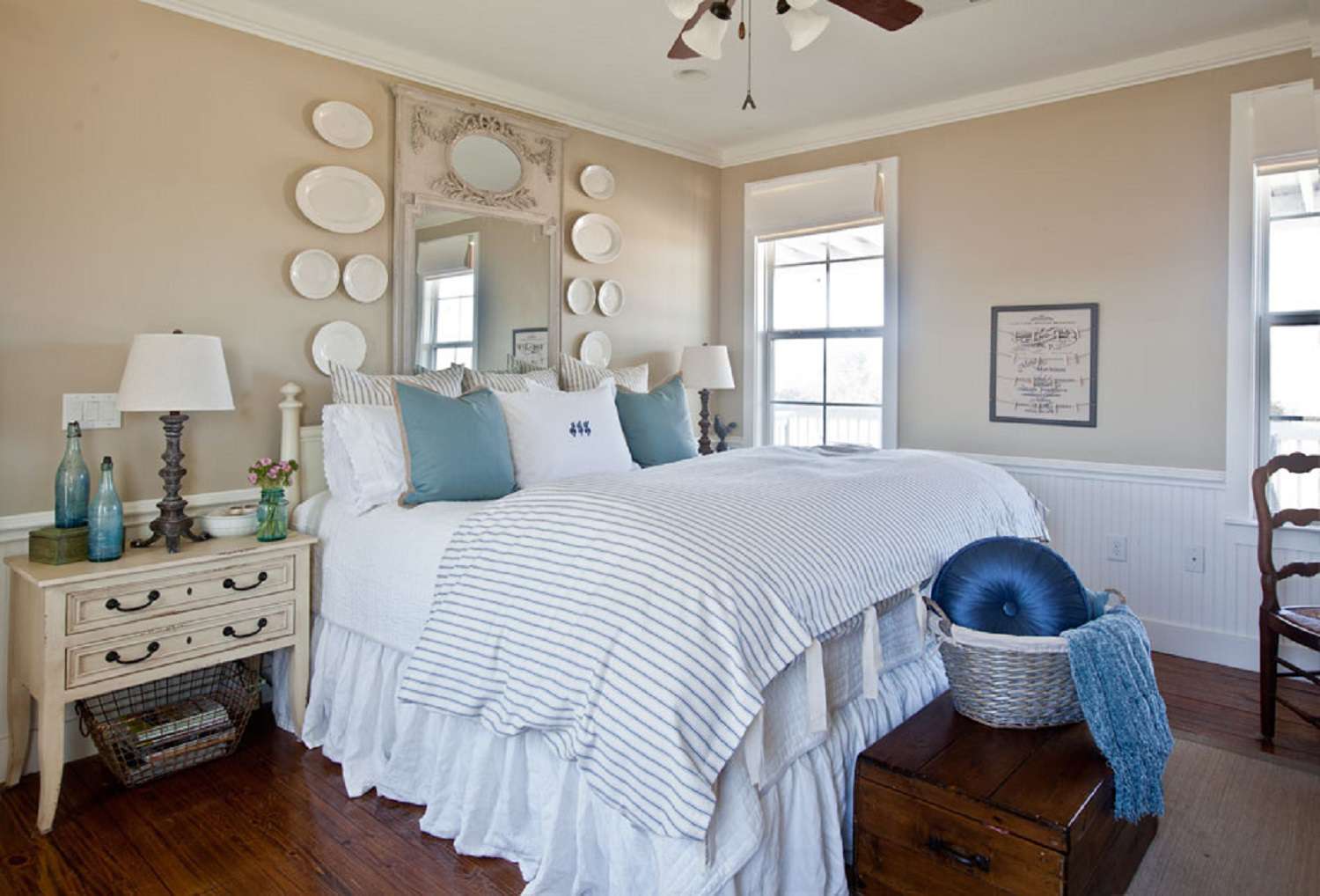 Tan and blue farmhouse bedroom