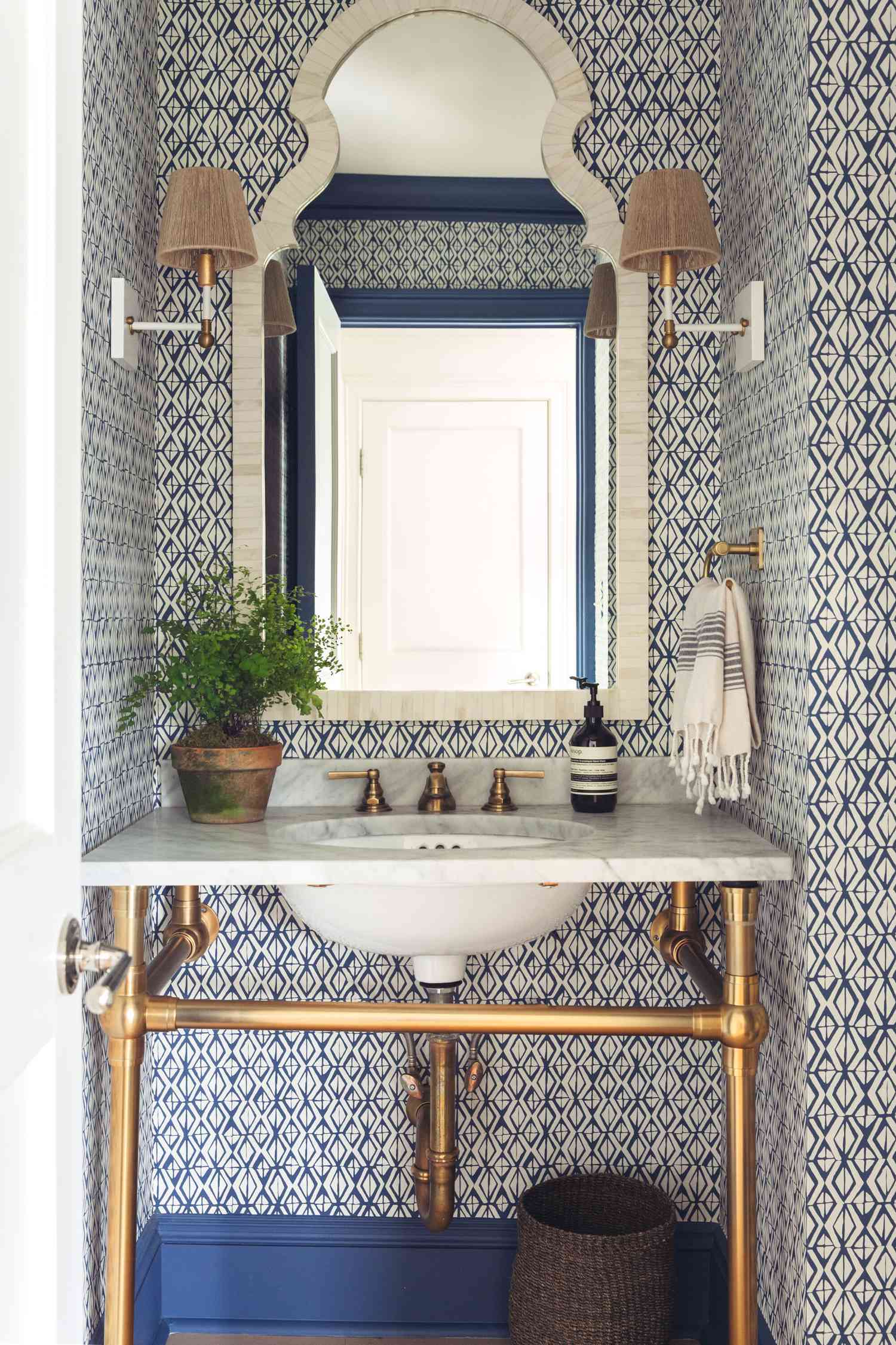 navy blue and white bathroom