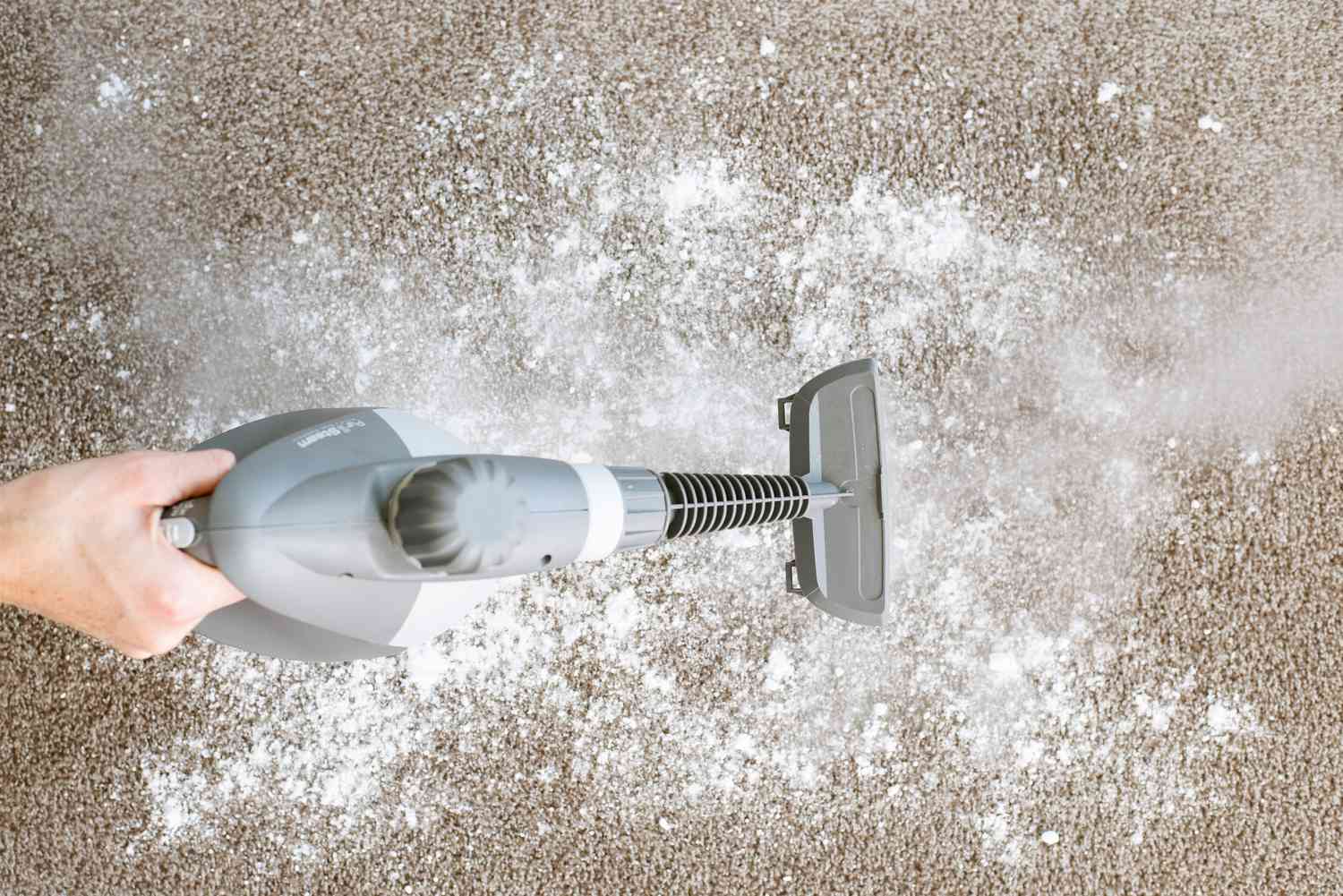 Vaporizador passando sobre o carpete polvilhado com bicarbonato de sódio e sal