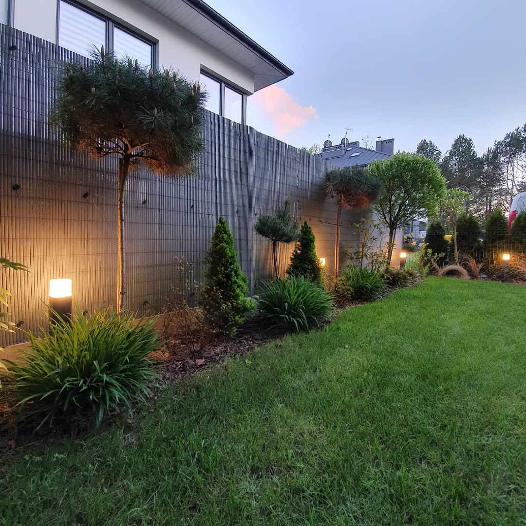 Garden lights shining on privacy fence