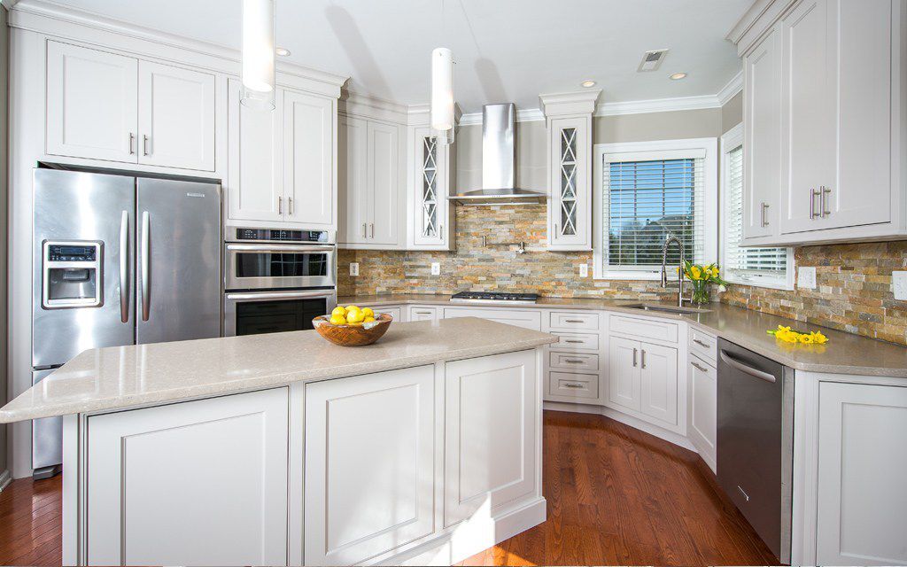 stacked stone in white kitchen