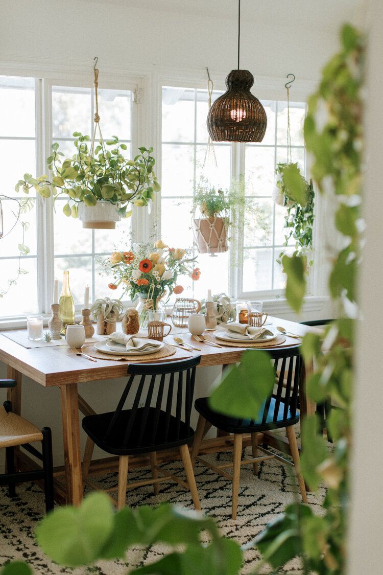 Plantas colgadas delante de una ventana sobre una mesa de comedor