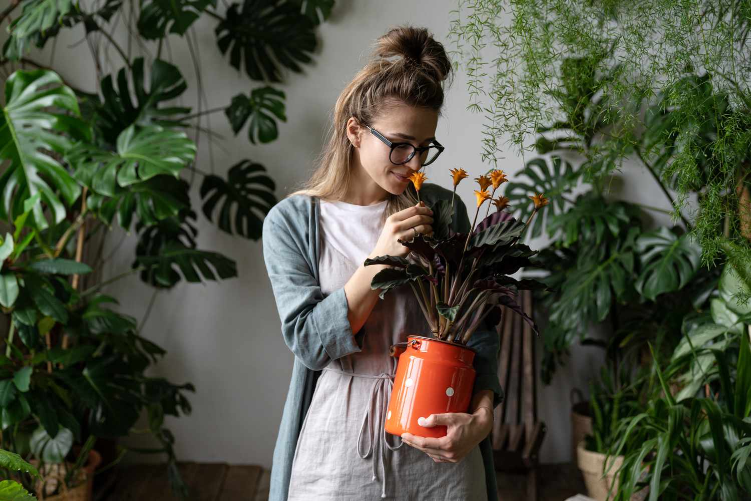 Frau hält Pflanze umgeben von Pflanzen