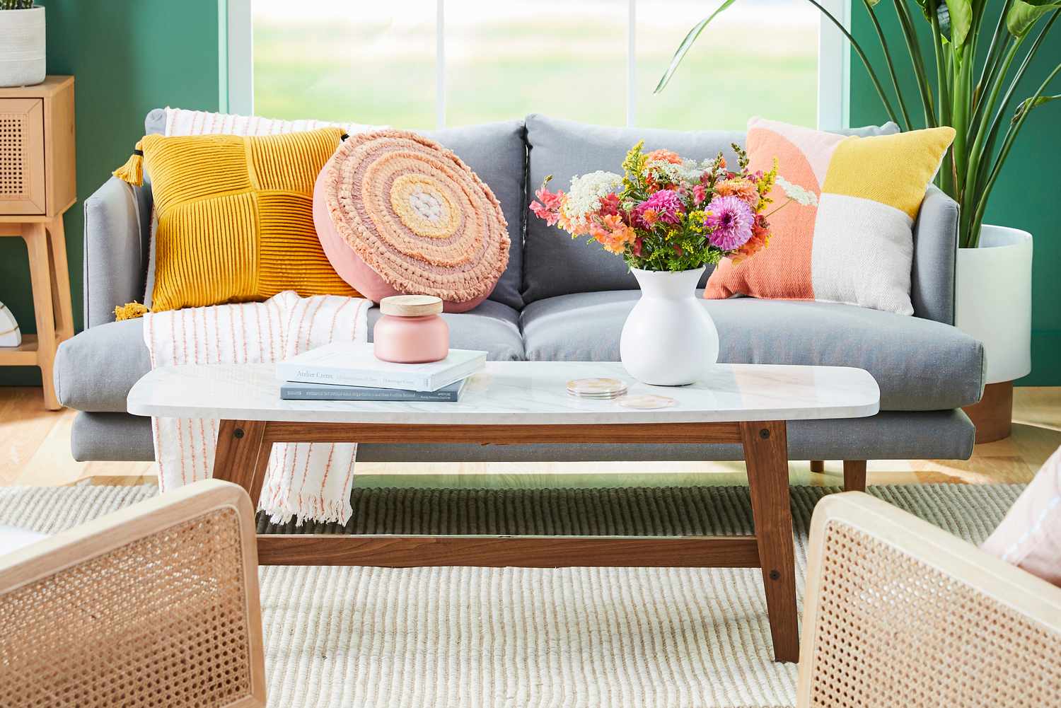 Flowers on coffee table as centerpiece of colorful room
