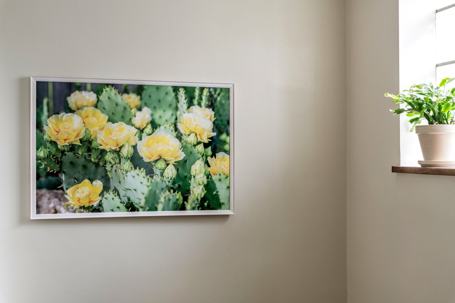 Moldura grande branca DIY montada na parede com foto de cacto e flores amarelas