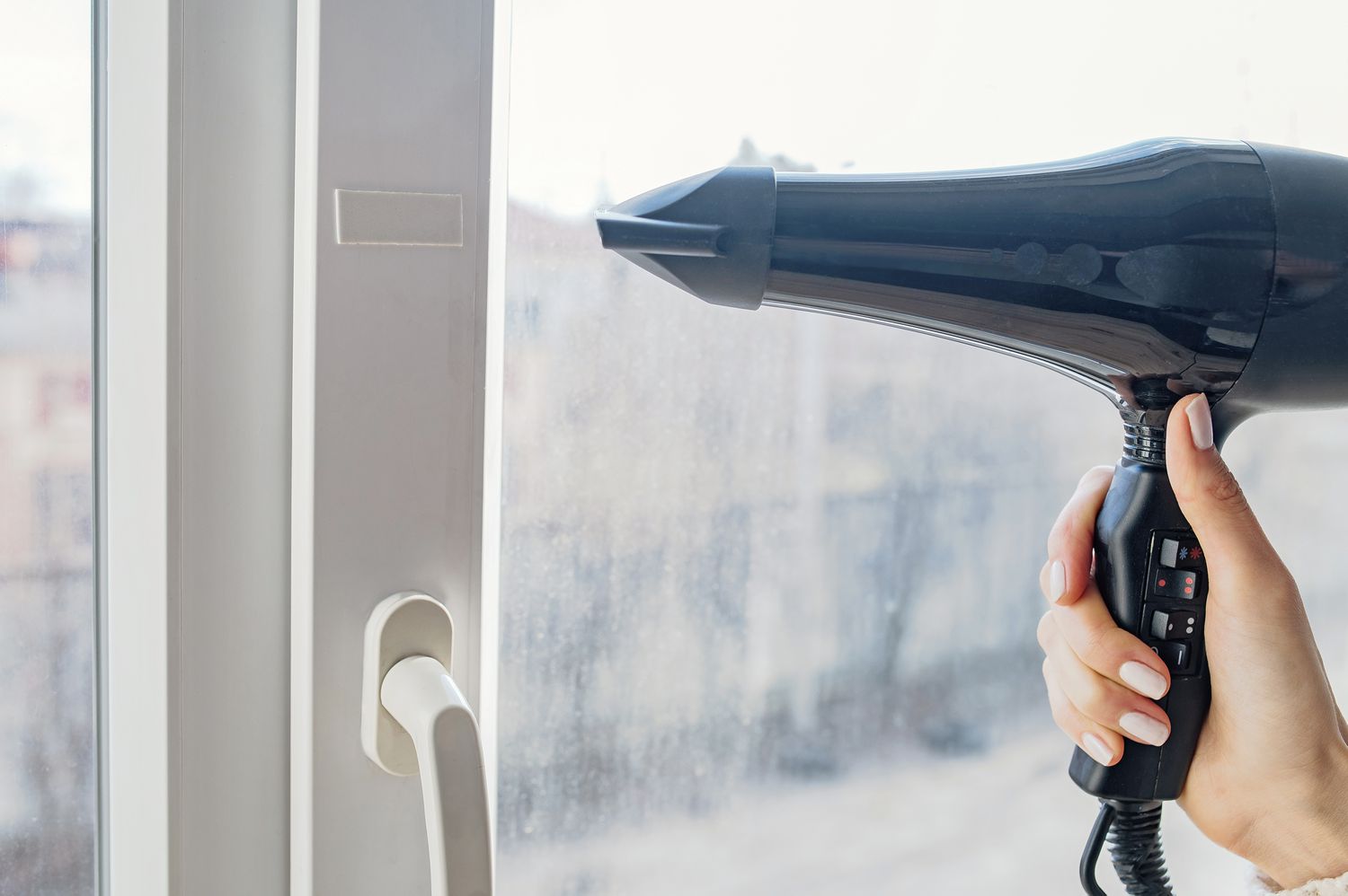 Blowdryer applying heat to double-sided tape on plastic