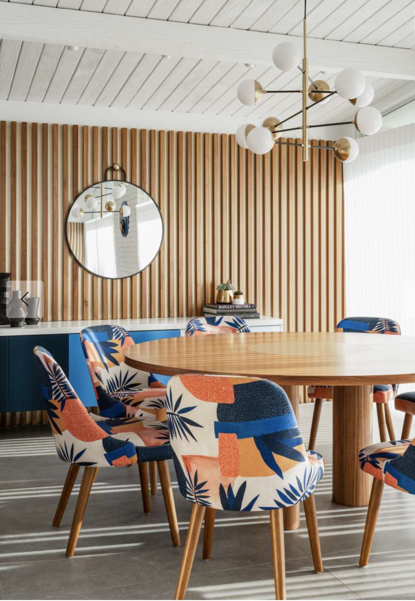midcentury modern dining room with mirror