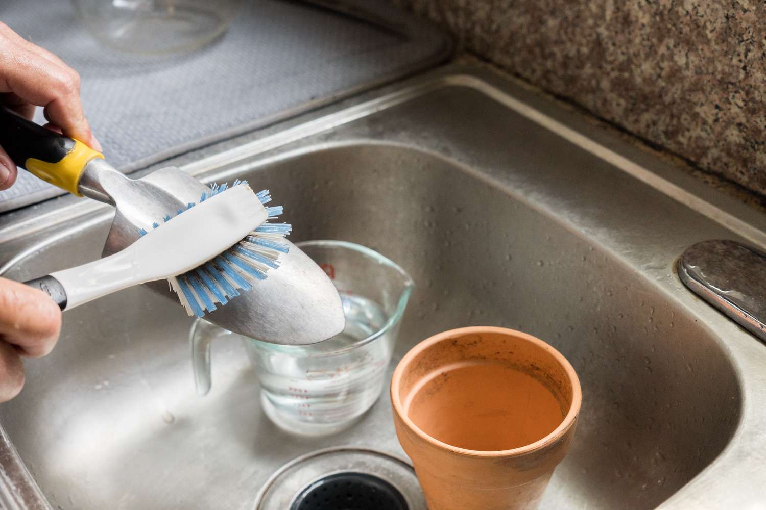 Schrubber reinigt Gartenspaten mit Bleichlösung im Waschbecken