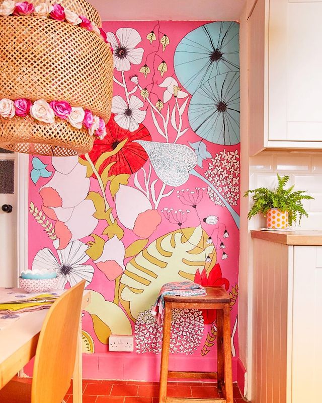 pink neon floral mural in kitchen
