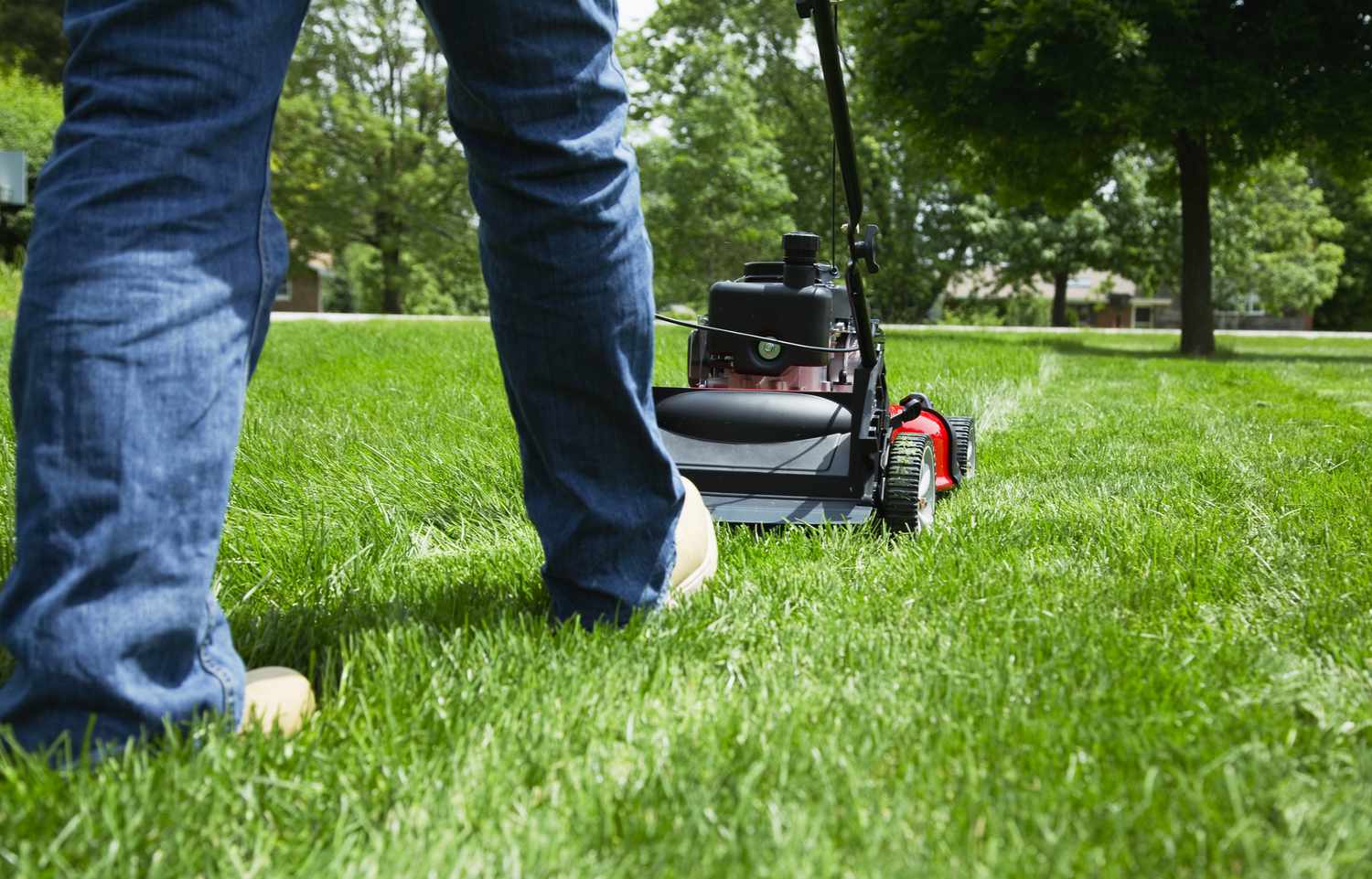 Person mit Blue Jeans, die einen Rasenmäher schiebt.