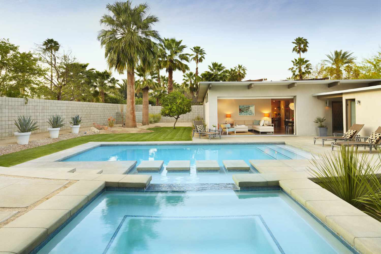 Una piscina de inmersión rodeada de palmeras y muebles de patio.