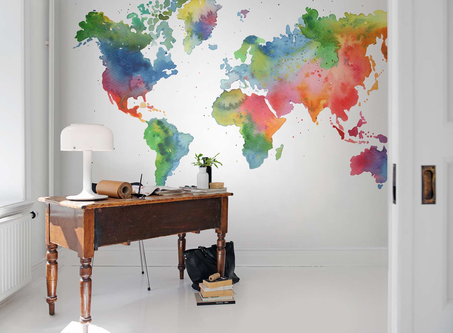 Rainbow colored world map wallpaper from Rebel Walls.
