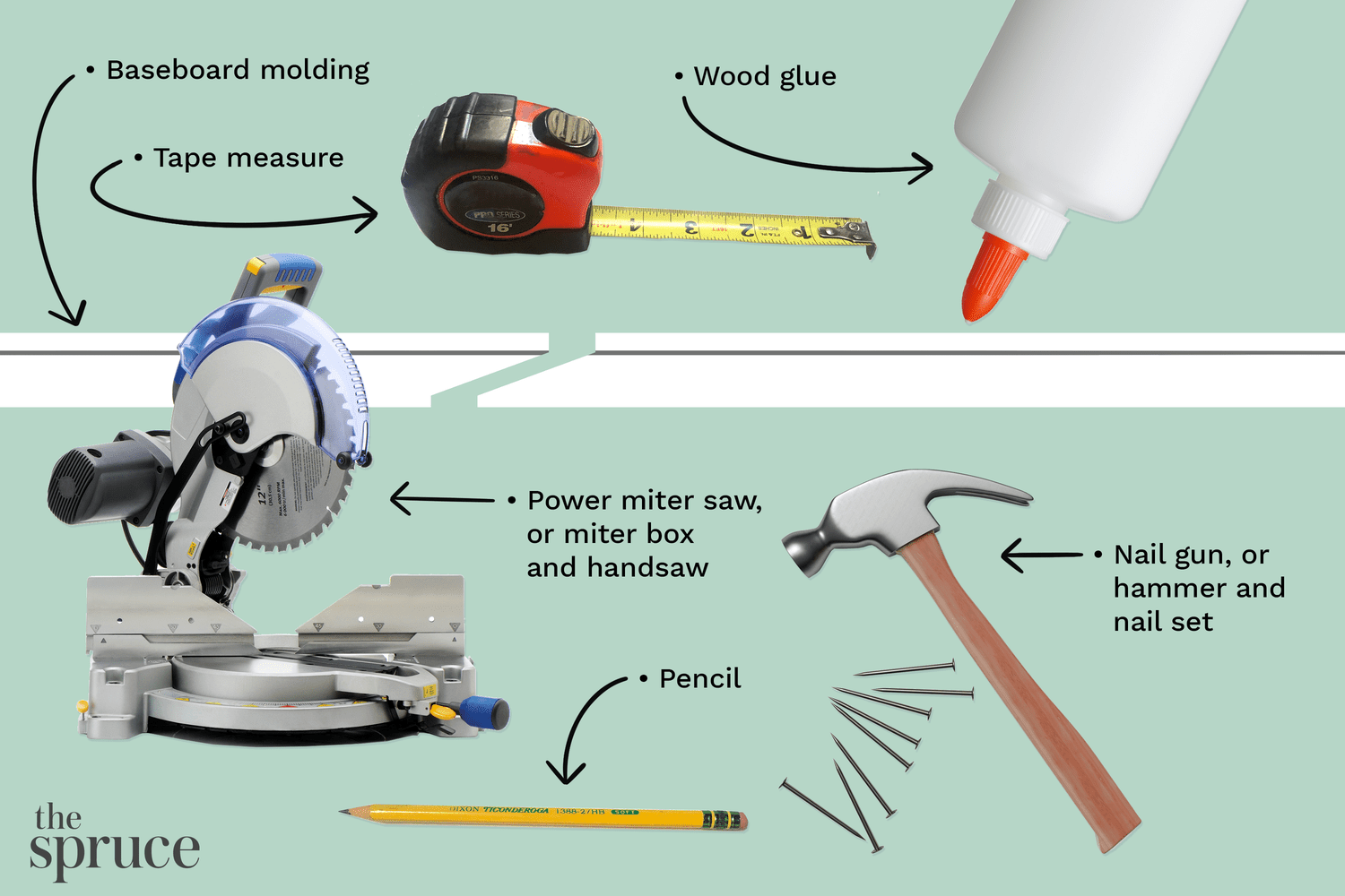 Ilustración de materiales y herramientas para unir molduras de zócalo con juntas de escuadra