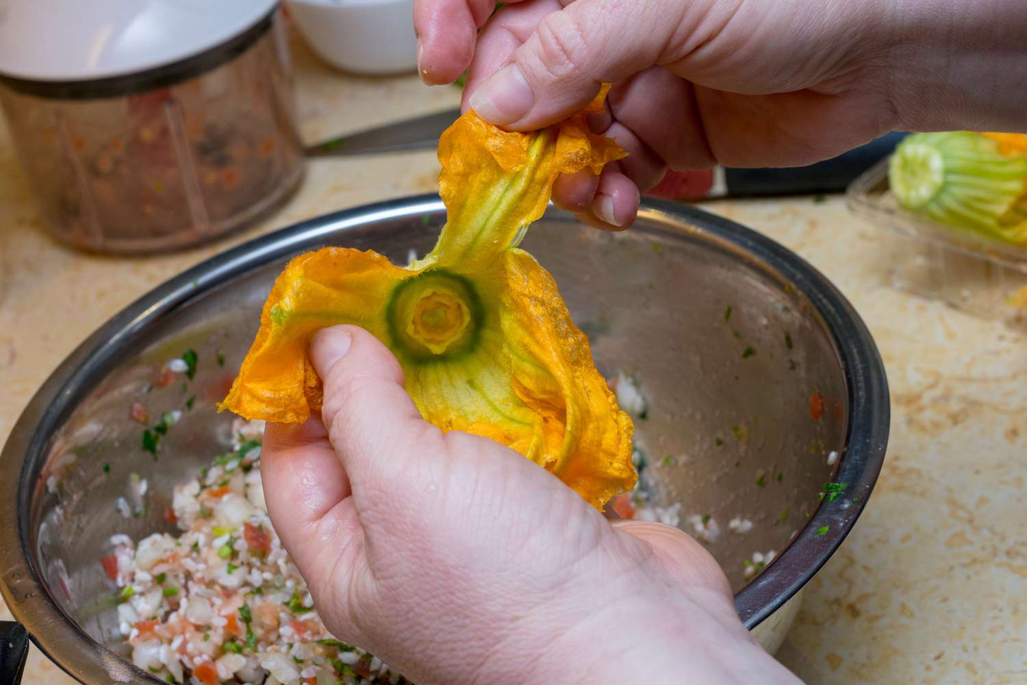 Preparing squash blossoms for stuffing