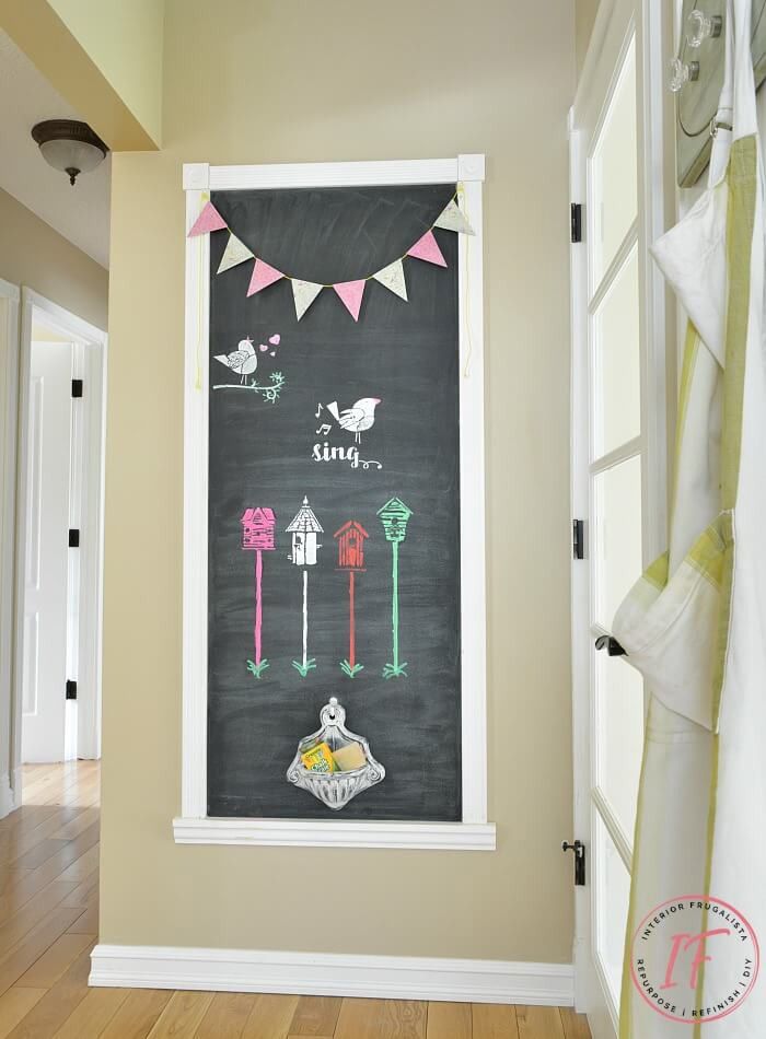 A framed chalkboard decorated with birds
