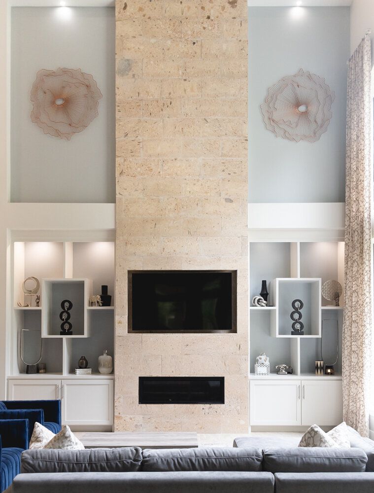 textured stone fireplace