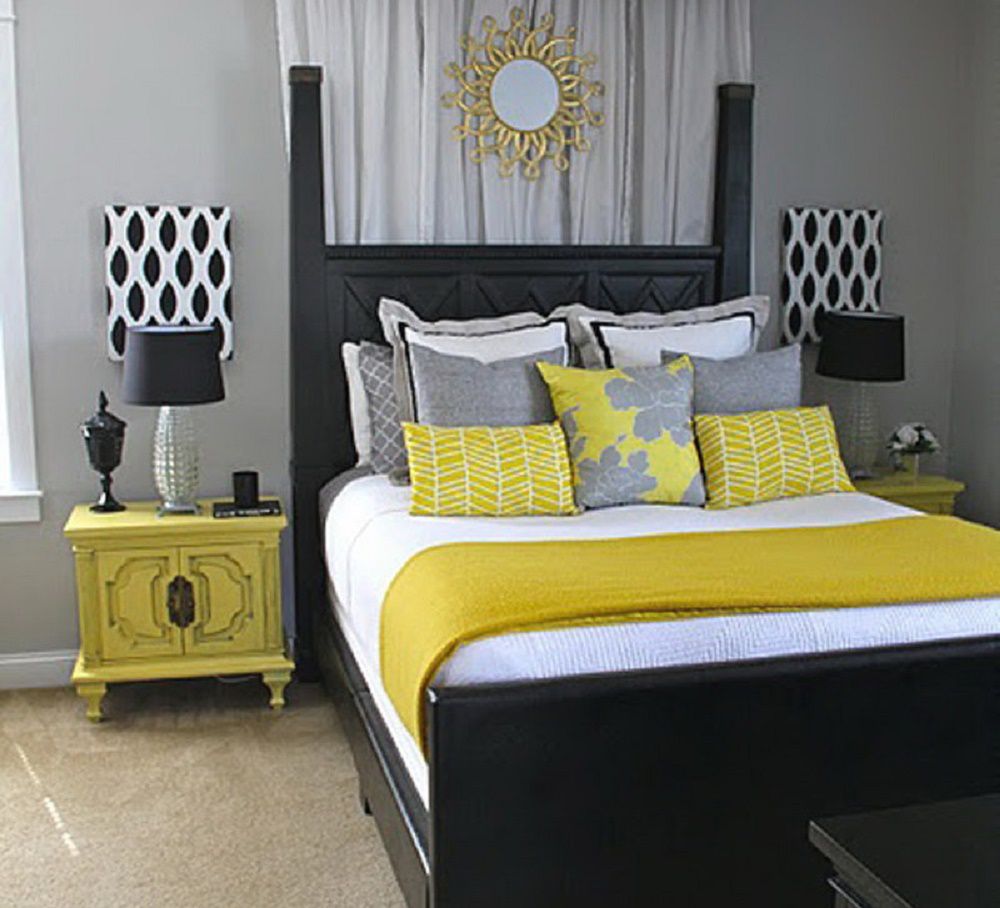 Modernes Schlafzimmer in Gelb, Schwarz und Weiß