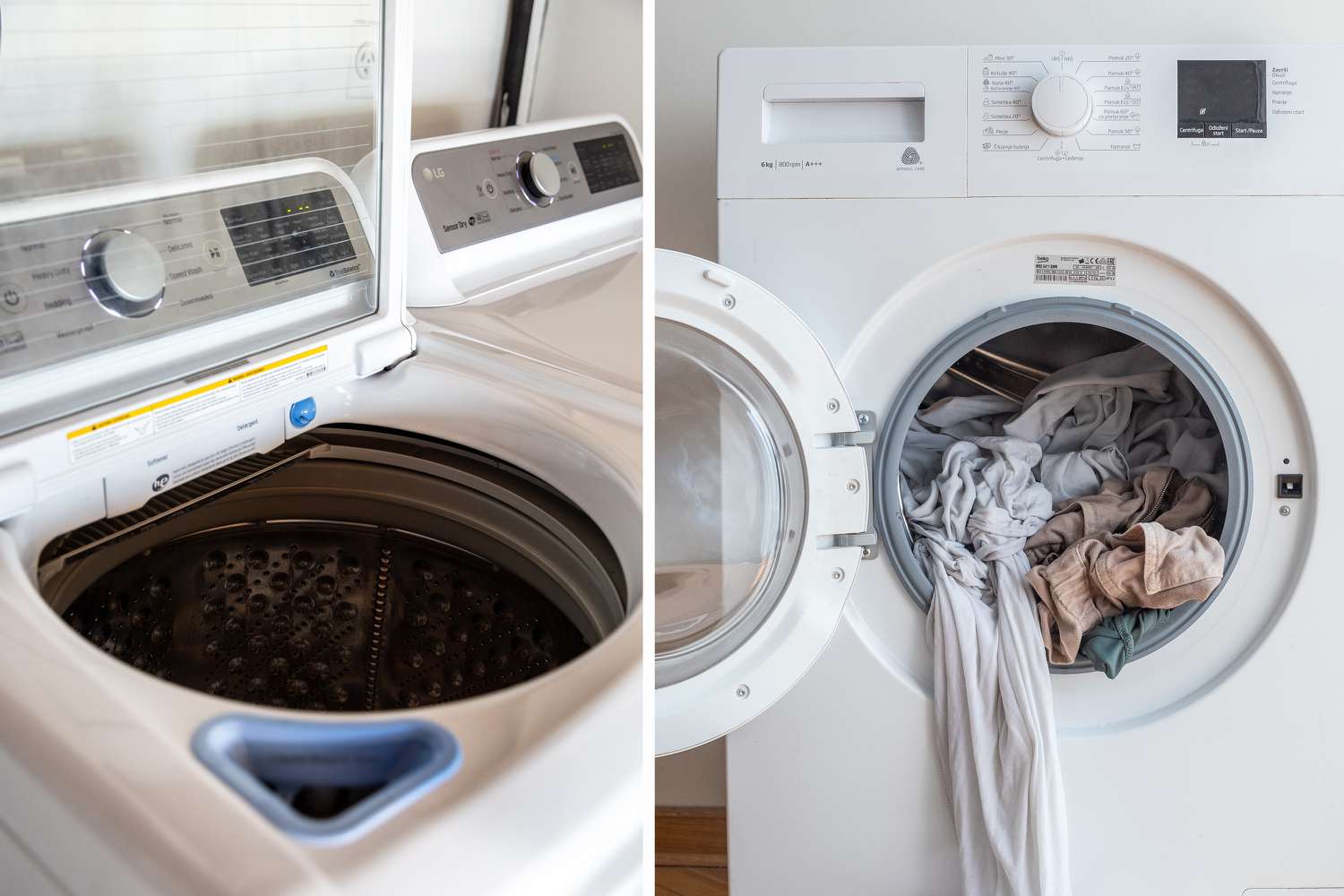 A top load washer (left) versus a front load washer (right)
